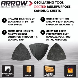 Arrow OSCTSD-1 Multipurpose Sanding Sheets Multipack for Oscillating Tools for Wood and Metal, 6-Piece Set Includes 60-Grit, 120-Grit, and 240-Grit Sandpaper, Universal, Fits Most Multitools