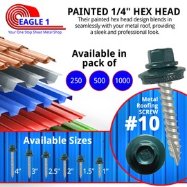 EAGLE 1 Metal Roofing Screws #10 - Painted Hex Head Self-Tapping Screws with EDPM Rubber Washer for Metal to Wood, Vinyl, Small Sheet Metal - Free Magnetic Driver (Forest Green, 1.5 Inch, 1000)