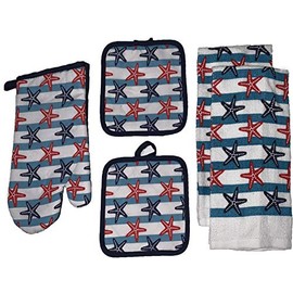Set of 5, Nautical Coastal Starfish Design Printed Decorative Kitchen Towel Set Includes 2 Kitchen Towel, 2 Pot Holder, 1 Oven Mitt.