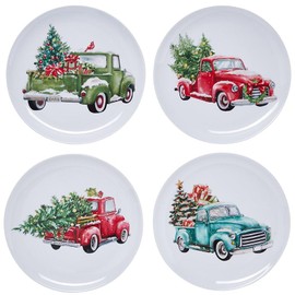 Set of 4 Festive Holiday Truck Melamine Plates