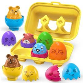 YOWNDSN Huevos de Juguete Sonoros, Huevos de 6 Colores， Juegos Montessori, Juguete Sensorial de Clasificación de Formas y Colores para Niños Pequeños de 1 a 3 Años (Fiesta de Animales)