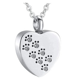Heart Necklace Paw Prints Diamante Rhinestone Stud Gift for Loved One Pet Keepsake Treasure Pet Dog Necklace Stainless Steel Jewellery (Necklace Only, Stainless Steel)