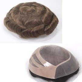 Teraman Human Hair Toupee for Men 10"x8" Hair Replacement System Men's Hairpieces Natural Hairline Thin Skin PU Front+Mono net with PU around Bond Base (#7 color,100% human hair)