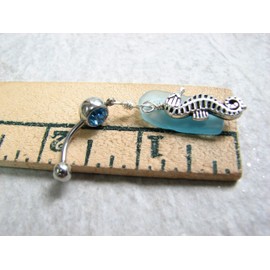 Aqua Sea Glass and Seahorse Belly Button Ring