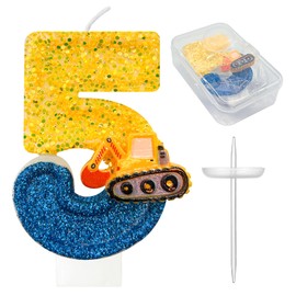 JonesLi Construction Birthday Candle -Digger Birthday Candles Numbers，Number 5 Birthday Candles，Yellow & Blue Construction Party Decorations,Excavator Birthday Decorations for Kid's Party Celebration