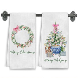 Elefeltclave Chinoiserie Christmas Mahjong Tree Kitchen Towels, Mahjong Gifts for Women Dish Tea Towels for Kitchen Decor, Mah jongg Xmas Wreath Decorative Hand Towel for Bathroom, 16x24 Inch Set of 2