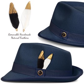 FADACHY Fedora Hats for Men & Women Short Brim Felt Hat Trilby Fedora with Feather Panama Dress Hat, Navy Blue Fedora