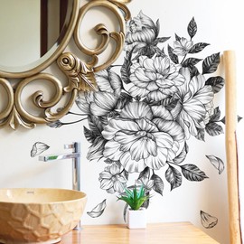 WandSticker4U® - Wall Sticker Flowers Black White (69 x 76 cm) I Wall Sticker Bedroom Adults Flowers Vintage I Wall Sticker Living Room Modern Kitchen Bathroom Hallway Furniture Decoration