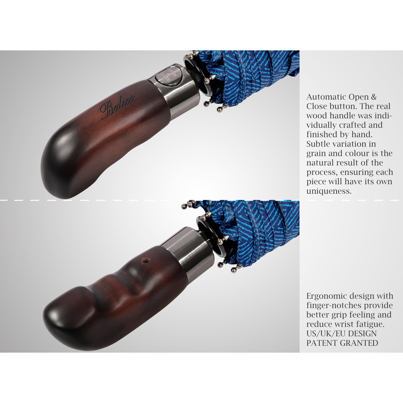 Balios Travel Folding Umbrella with Real Wood Handle Auto Open
