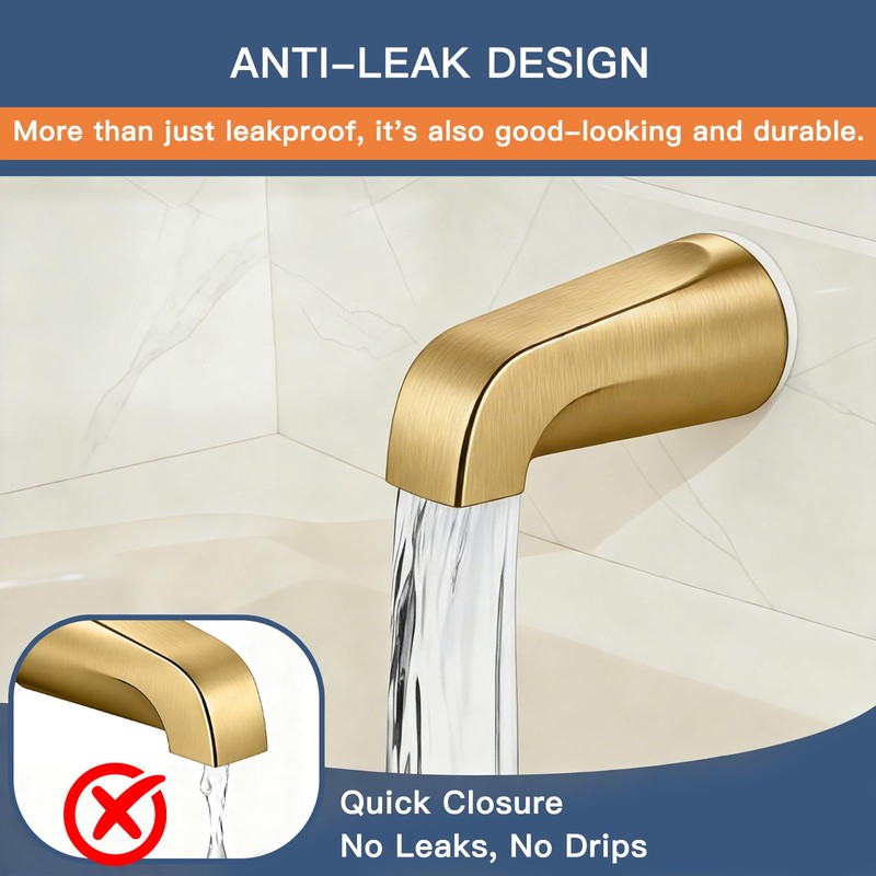 Brushed Gold Tub Spout Without Diverter, Shower Faucet,Brass Adapter,5.3"