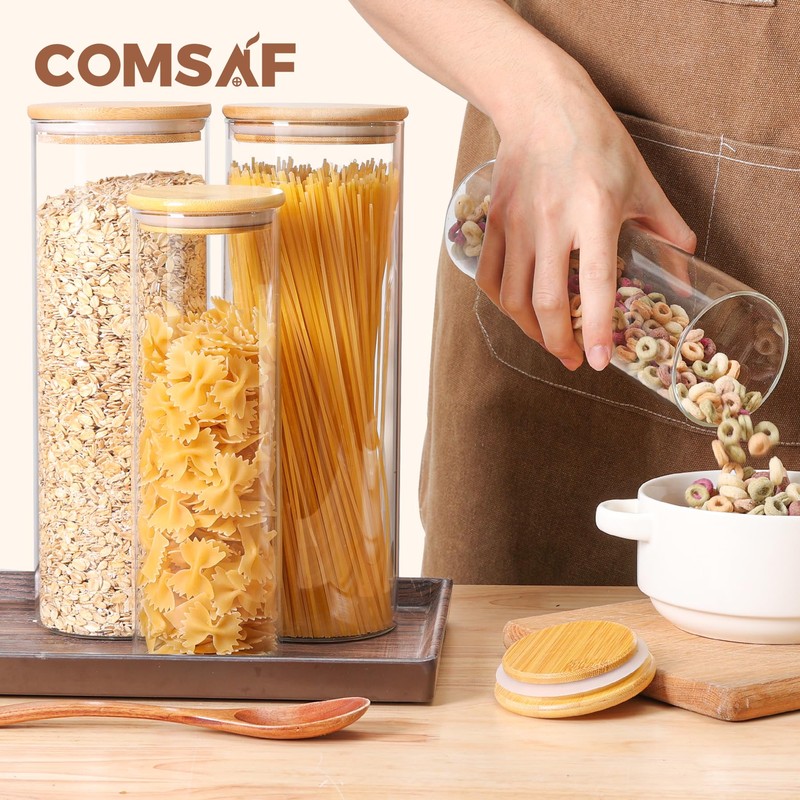 ComSaf Glass Food Storage Jars Set of 6, Tall Glass