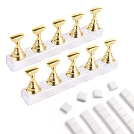 siyuwuro 2 Sets Nail Stand for Press on Nails Art Display Practice Fake Nail Tips Holder for Painting Nails Stand Magnetic Nail Holder For Home DIY Nail Art and Nail Salon with Nail Clay, Gold