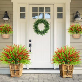 Sggvecsy 12 Bundles Artificial Plants Outdoor Faux Lavender Flowers Fake Monkey Grass UV Resistant Plastic Greenery Plants for Garden Home Porch Window Patio Hanging Planter Indoor Decor (Red)