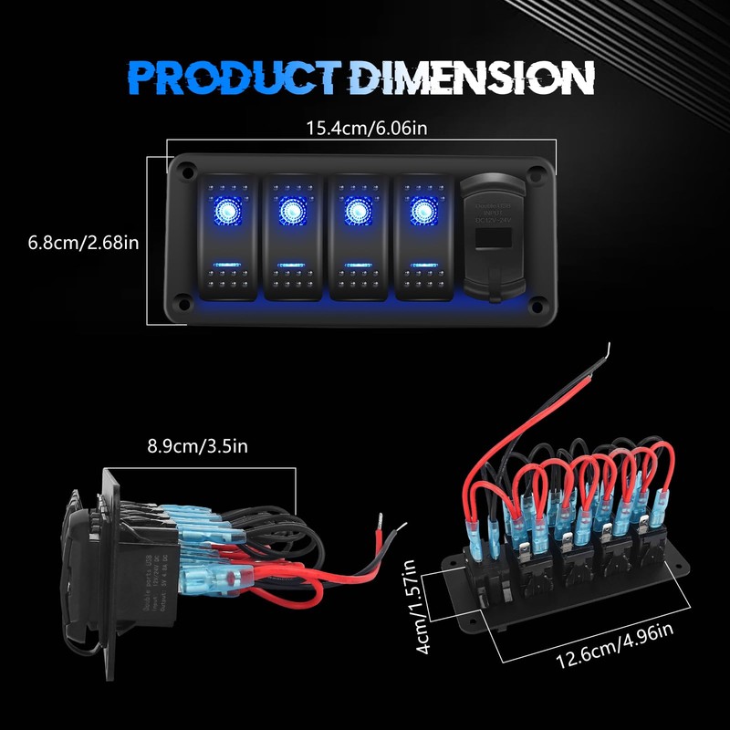 Chelhead 4 Gang Switch Panel with Switch Double USB Charger