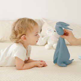 insular Bunny Lovey Blanket for Boys and Girls, Organic Cotton Muslin Security Blanket for Babies, Soft Breathable Lovie Soothing Towel for Newborn and Infant, 2 Pcs Set (Blue&Grey)