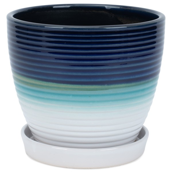 Napco Ribbed Ceramic Pot with Tri-Color Cobalt Blue, Aqua and