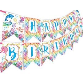 POP Parties Mermaid Under The Sea Watercolor Happy Birthday Banner - Pool Party Pennant - Pool Party Decorations - Mermaid Decorations - Watercolor