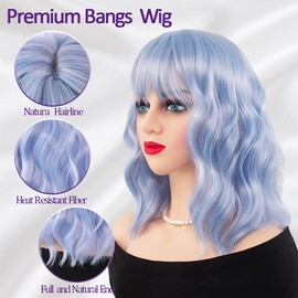 Light Blue Wigs with Bangs for Women 14 Inch Shoulder Length Blues Wigs Short Wavy Bob Wigs With Bangs Curly Wig Heat Resistant Synthetic Colorful Wavy Wigs Cosplay Wigs