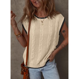 Dokotoo Tank Tops for Women 2024 Round Neck Cap Sleeve Color Block Cable Knit Sweater Vest Women Summer Tops Womens Fashion Apricot Medium