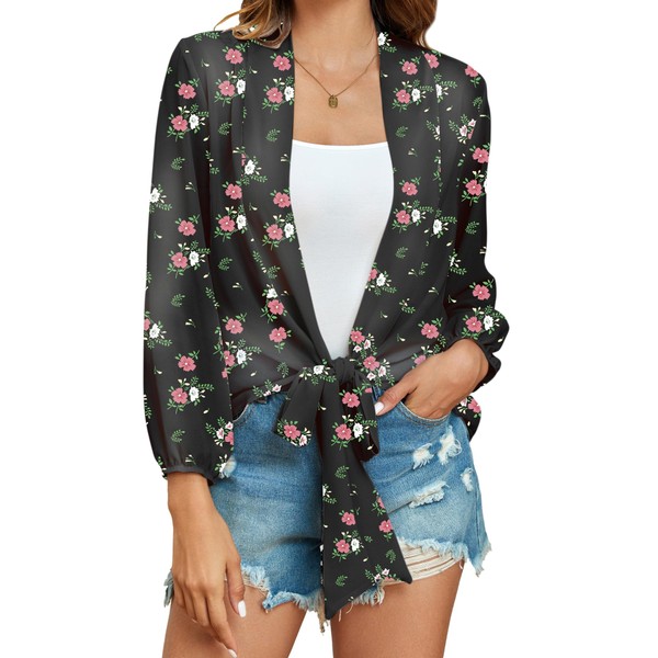 Famulily Womens Chiffon Cardigan Deep V Neck Floral Prints Tie