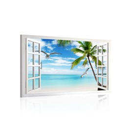Fake Window View Beach Wall Art: Acoustic Art Panels Sound Absorbing Wall Panels Tropical Palm Tree Island Paradise Nature Landscape Painting Framed Decor for Office 24 x 36 Inch