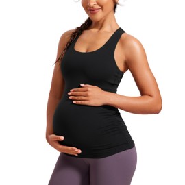 CRZ YOGA Butterluxe Womens Racerback Maternity Tank Tops Ruched Sleeveless Pregnancy Yoga Top with Built in Bra Workout Shirt Black X-Large