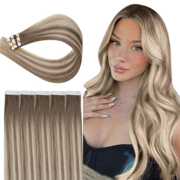 RUNATURE Virgin Tape-In Extensions Real Hair Intact Hair 40 cm Balayage Brown Blonde Injected Tape Extensions Real Hair Invisible Hair Extensions Tape Real Hair Insert Hair 5 Pieces 12.5 g Colour