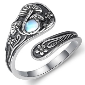 Fuguangju Mushroom Spoon Rings for Women Moonstone/Moss Agate 925 Sterling Silver Agate Mushroom Ring Vintage Thumb Ring Jewelry for Women Men, Sterling Silver, No Gemstone