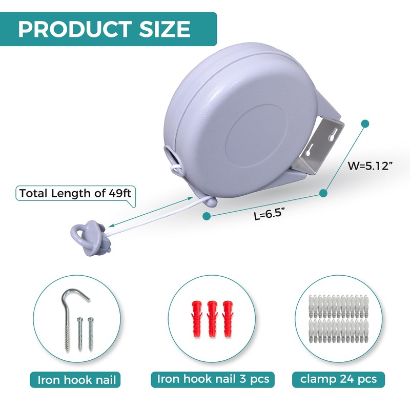 JS HANGER Retractable Clothesline Outdoor Indoor Laundry Line - 49
