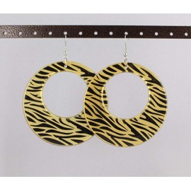 Black Gold zebra print earrings stripe pattern dangle disc hoop 3.5 long lite