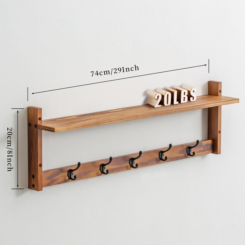 Wacloud 29Inch Wall Mounted Coat Rack with Hooks and Shelf