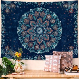 Fowocu Boho Floral Mandala Tapestry Wall Hanging Blue Bohemian Flower Medallion Tapestry Aesthetic Vintage Navy Hippie Indian Small Tapestries for Bedroom Living Room Dorm Decor 60 x 44 Inch