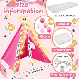 Lemosae 2 Pack Kids Teepee Tent with Mattress,Fitted Sheet,Light String,Washable Natural Cotton Toddler Play Tent for Girls Boys Indoor Outdoor Sleepover Slumber Birthday Party(Rose Red)