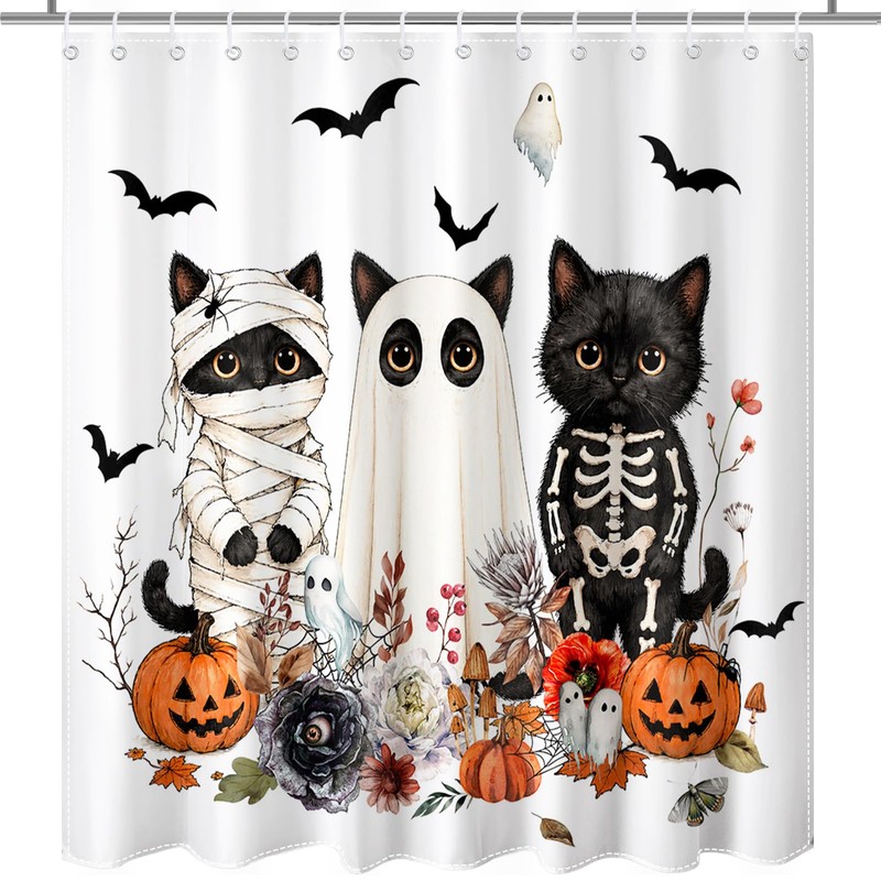 Lindameler Funny Halloween Shower Curtain Spooky Ghost Black Cat Shower