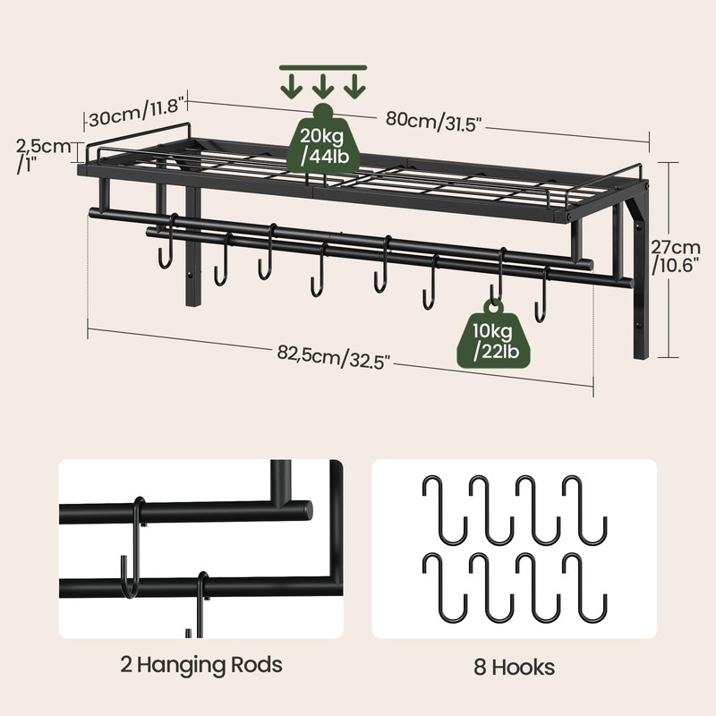 CHOEZON Hanging Pot Rack, Wall-Mounted Pot Rack, Kitchen Cookware Organizer,