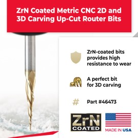Amana Tool CNC 2D 3D Carving Angle Ball Tip Router Bit, ZrN Coated, 46473, 6.2 Degree Metric, x 0.5 Dia x 0.25 Rad x 26.5 CH x 6 Shk x 75mm L x 3 Fl