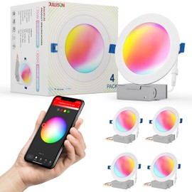 JULLISON 6" LED Smart Slim Recessed Pot Light, WiFi APP & Voice Control, 120VAC, 13W, 1000LM, RGB + 2700K-6000K, ETL & FCC & IC Rated, Wet Location, Compatible with Alexa/Google Home, White - 4 Packs