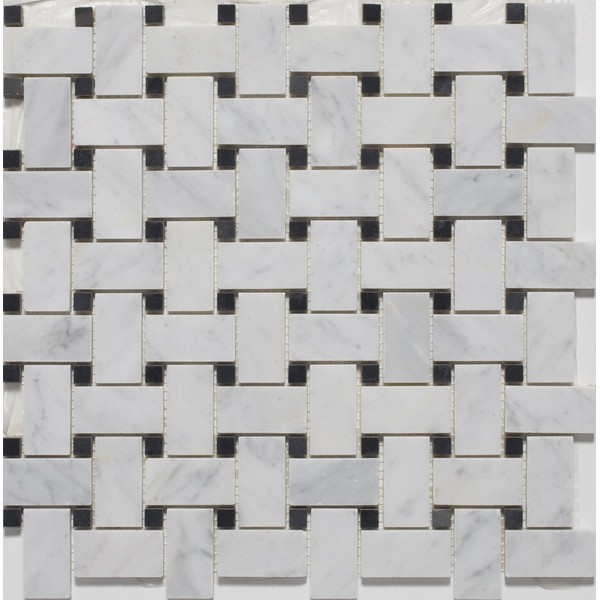 Tenedos Carrara White Marble Basketweave Polished Mosaic Tiles with Black