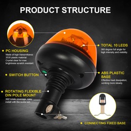 AOHEWEI LED Warning Light Amber, 3 Flashing & 4 Rotation Patterns, 12/24 V, 10 Pieces, LED Strobe Lamp for Agricultural Machinery, Commercial Vehicles, School Bus, Tractor, Excavator, Truck