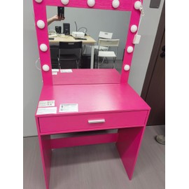 ROCKRAIN Vanity Desk with Mirror & Lights: Stylish Dressing Table with 11 LED Bulbs & 3 Lighting Modes - Large Drawer & Storage for Bedroom Makeup (Pink)