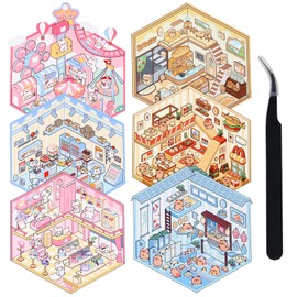 6 Sets DIY 3D Cute Stickers Scene Fun House Stickers for Adults Kids Reusable House Room Sticker Book Korean Cartoon Sticker Scene Make Your Own Supermarket Coffee Shop Funny DIY Art Set-G