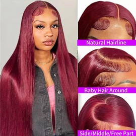 SWOTHEW 99j Burgundy Lace Front Wigs Human Hair 32inch 13x6 HD Transparent Lace Straight Red Wig Human Hair Colored Reddish Brown Lace Frontal Wigs Human Hair 200% Density Pre Plucked With Baby Hair