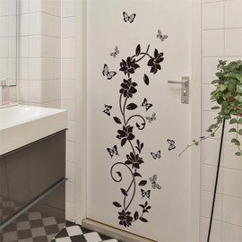Black Flower Vine Butterfly Wall Stickers, sacinora Simplicity Floral Art Wall Decals Removable Vinyl Peel and Stick for Bathroom Living Room Bedroom Home Decorations