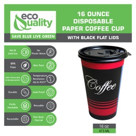 EcoQuality 16 oz Disposable Paper Coffee Cups with Black Flat Lids, Recyclable Hot/Cold Beverage Paper Drinking Cups with Lids for Tea, Water, Coffee, Travel, Picnic, Breakroom, Office (25 PACK)