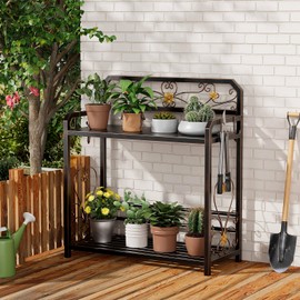 EHONXI Potting Bench, Outdoor Potting Table with 4 Side Hooks, All-Weather Gardening Table Work Station, Outside Garden Workbench, 505lbs Capacity, 18" D x 39" W x 44" H, Distressed Vintage Black