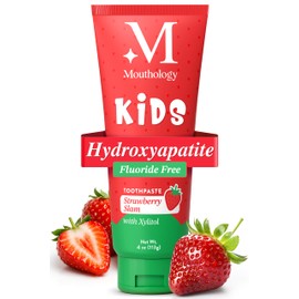 Mouthology Hydroxyapatite Kids Toothpaste Fluoride Free with Xylitol, Non Toxic Fluoride Free Toothpaste for Kids, All Ages (1-3), (3-6) & (6-12) Strawberry, 4oz