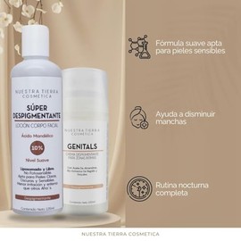 Nuestra Tierra Cosmética Loción Súper Despigmentante con Ácido Mandélico 10%, Crema Despigmentante para Zonas Íntimas Genitals, Set de Tratamiento Cor