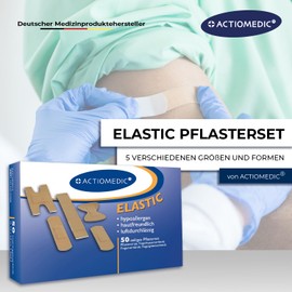 ACTIOMEDIC Elastic Plaster Set, Specially Shaped & Hypoallergenic Plasters, Skin-Friendly Plasters, Ideal for Leisure and Work, ISO Certified Production, Pack of 50