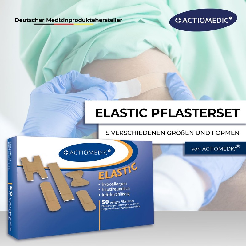ACTIOMEDIC Elastic Plaster Set, Specially Shaped & Hypoallergenic Plasters, Skin-Friendly