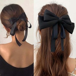 Large Hair Bow Clips Bow Ties Satin Hair Clip Big Bow Knot Hairpins Bow Tail Satin Hair Clip Satin Hair Accessories Hairpins Winter Ribbon Bow Accessories (Black, One size)